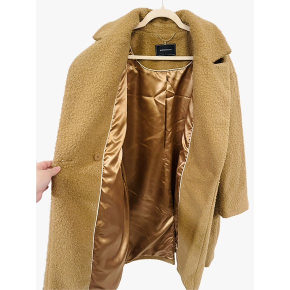 BCBGMAXAZRIA Camel Coat Gold Buttons, Buckei Fabric Notched Collar Lined Large - Picture 4 of 15